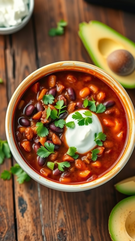 A bowl of black bean chili with cilantro and sour cream on a wooden table.